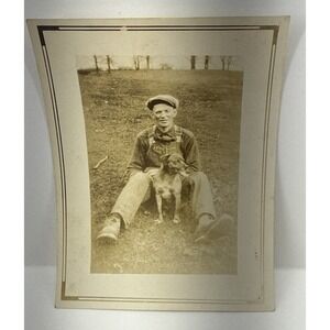 Vintage Farm Snapshot Man in Overalls with Dog Rural Americana Photo
